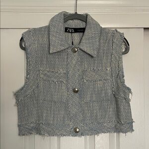 Zara Light Blue Tweed Vest with Silver Buttons
